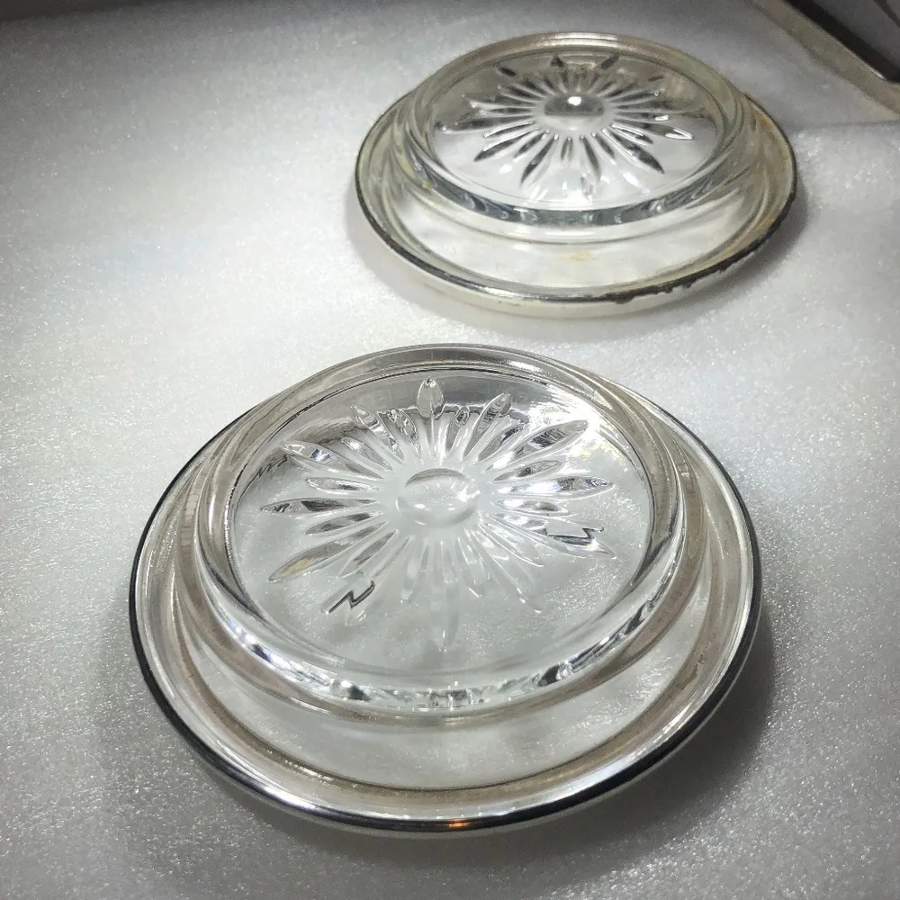 VINTAGE CROWN STERLING & CRYSTAL SUNBURST COASTERS OR ASHTRAYS - SET OF 2